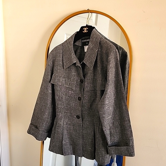 SOLD! Chanel 2Pc Smoke Gray Dress Peplum Jacket Suit Linen CC Buttons FR 36 US 4 - Picture 11 of 16